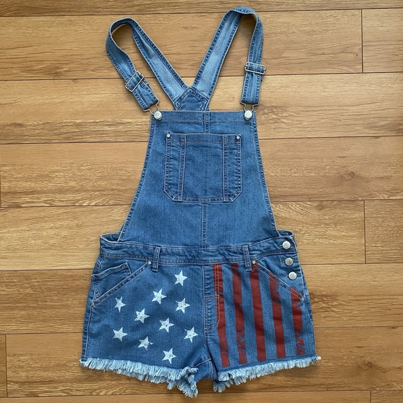Tinseltown Overalls Womens XL Shorts Stars And Stripes American Flag Denim Jeans - Picture 1 of 10